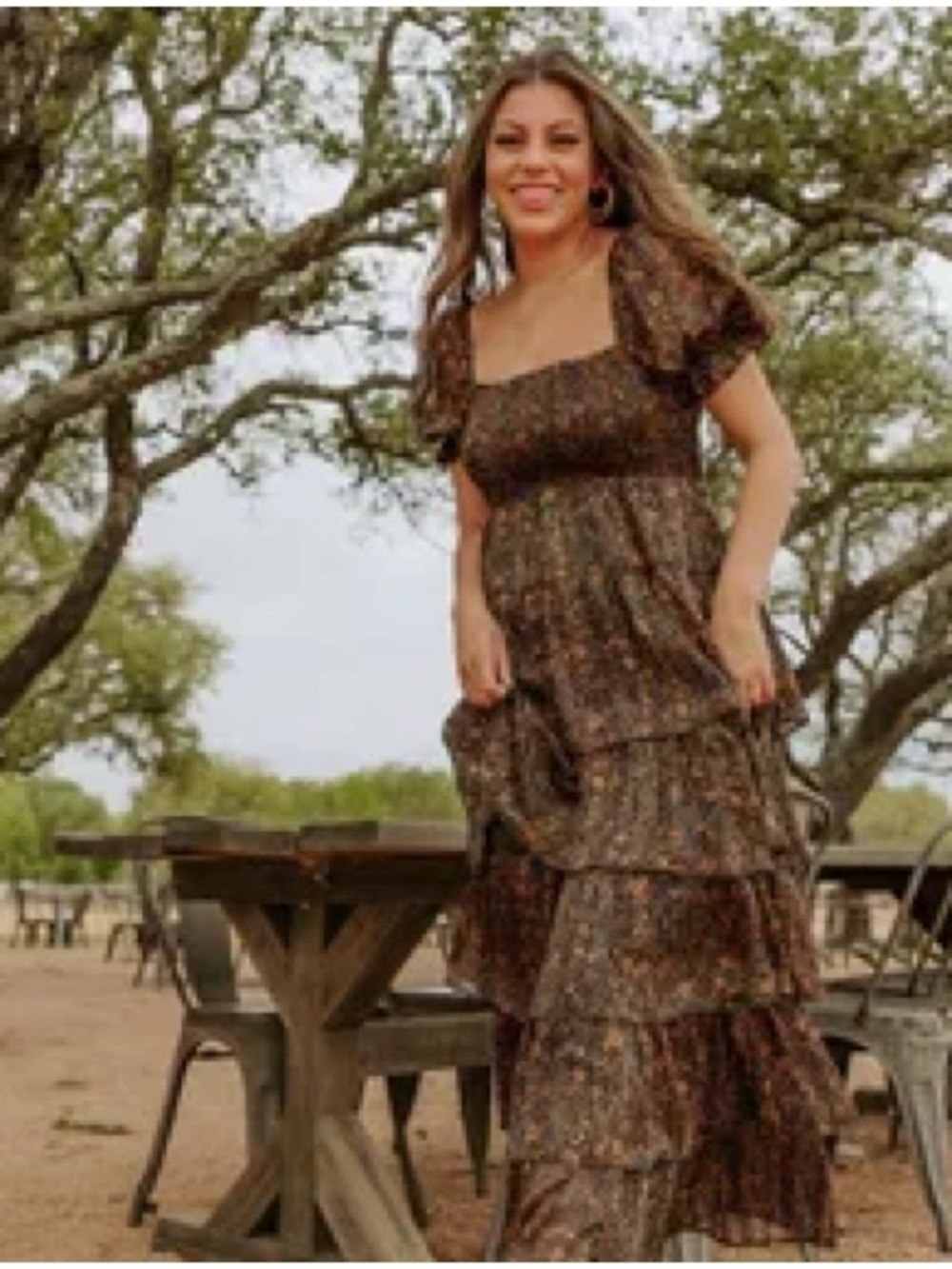 Polagram Brown Floral Tiered Maxi Dress